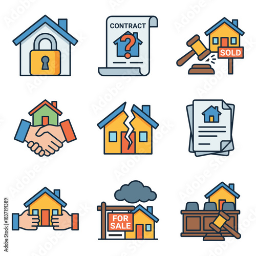 Real Estate, Property Law, and Housing Legal Vector Icon Set: House, Contract, Sale, Auction, and Dispute Graphic Elements