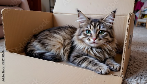 Fluffy Tabby Cat Relaxing Comfortably Inside a Cardboard Box in a Cozy Indoor Setting