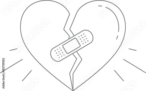 Simple line art icon depicting a broken heart being mended with a small adhesive bandage for healing
