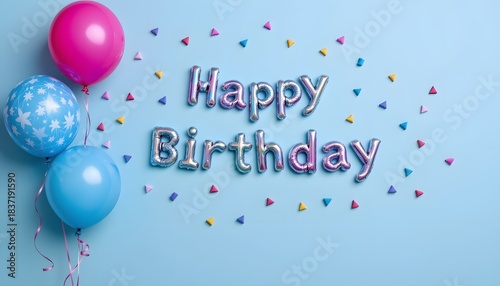 Colorful Happy Birthday Decoration with Balloons and Confetti on Blue Background