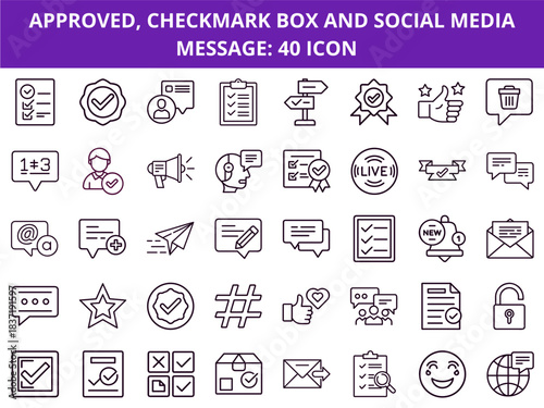 Icons of approved symbols, checkmarks, and social media messages  