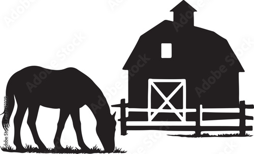  a horse grazing beside a barn and fence silhouette vector