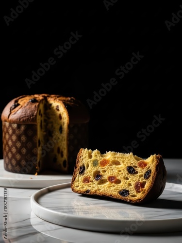 Golden Panettone Slice with Candied Fruits and Raisins