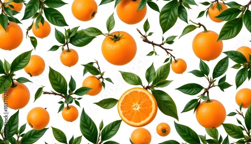 Vibrant Arrangement of Fresh Oranges with Green Leaves on Bright White Background
