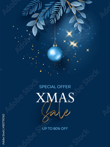 New Year and Christmas sale poster. Luxurious dark blue background with gold graphic elements and glitter