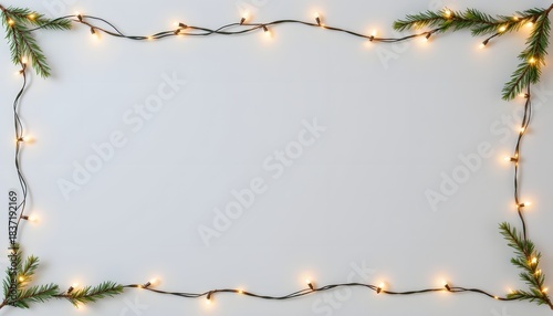 Delicate String Lights Framed with Fresh Greenery on a Simple White Background
