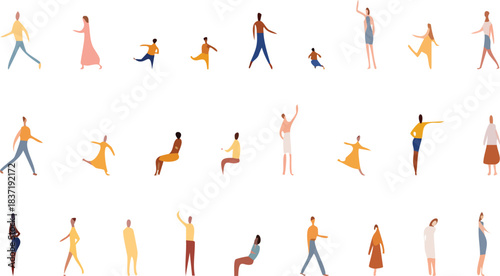 Sanna Style of Vectors, isolated silhouette of sitting standing people, adult man, girl and children	