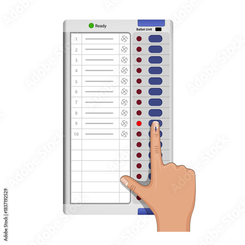 Hand Casting Vote on Indian Electronic Voting Machine (EVM) with Indelible Ink Mark, Democracy, Voting rights, Indian Election Vector illustration