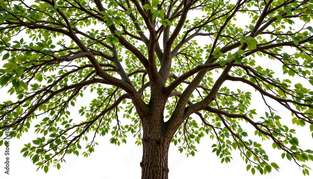 Obraz premium Lush Green Tree With Spreading Branches and Fresh Leaves Against a White Background