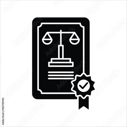Official legal document illustration with justice balance scale and certified badge, symbolizing compliance, regulatory approval, and ethical standards