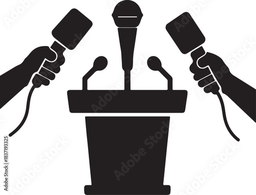 Press conference hands holding interview microphones icon