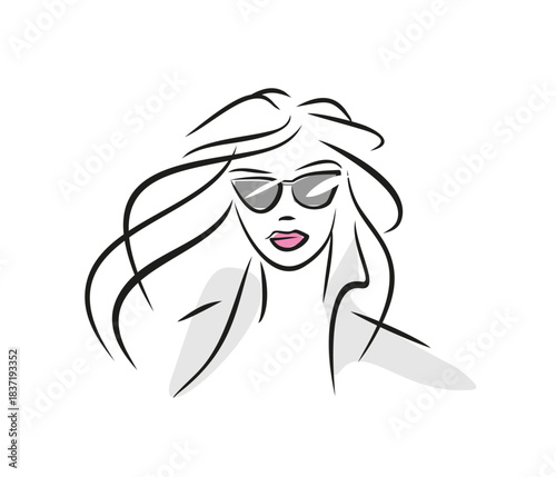 young woman wearing sunglasses, waist-up view - a vector logo, freehand drawn with a brush, stylish. Style and fashion, glamour.