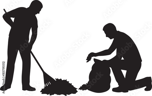 Silhouettes of two men raking leaves and bagging them isolated on white background