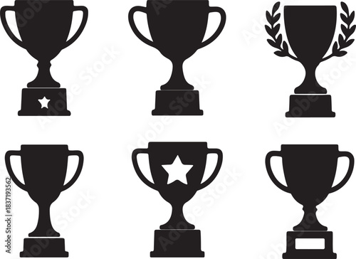 Trophy cup icons recognition award. Winner trophy, trophy flat icons editable silhouette vector illustration set