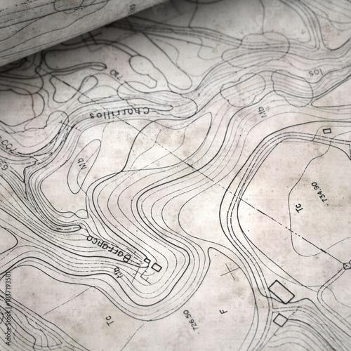 textured stylish old paper background, square,  with Topographic maps on tracing paper rolled up into a tube