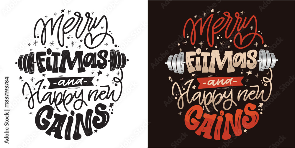 Fototapeta premium Merry Christmas and happy new gains. Lettering for t-shirt design, mug print, bag print, clothes fashion. 100% hand drawn vector image. 