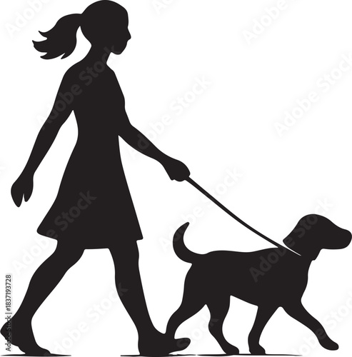  woman walking a dog on a leash silhouette vector