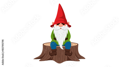 Whimsical Garden Gnome with Red Hat and White Beard Sitting on a Tree Stump Outdoors