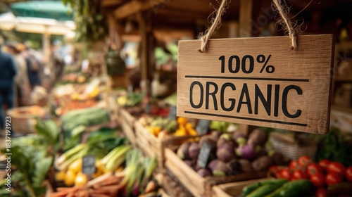 Market Sign Reading 100 Percent Organic Over Fresh Produce