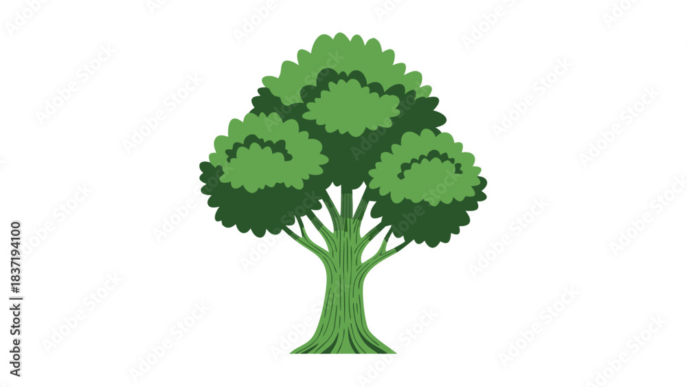 Obraz premium Vibrant Green Leafy Tree with Thick Trunk Against a Black Background Simple Cartoon Style Illustration Nature Element