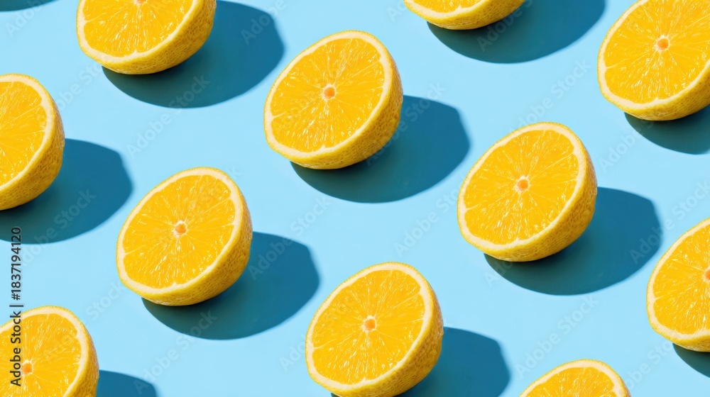 Fototapeta premium Vibrant orange slices with shadows on a cheerful blue background repeat.