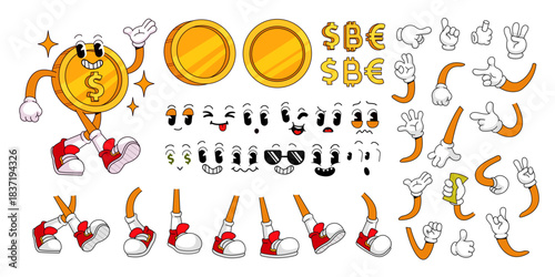 Retro cartoon golden coin character constructor kit with faces, hands in gloves gestures and legs poses. Cool bank finance money mascot logo, groovy vector set