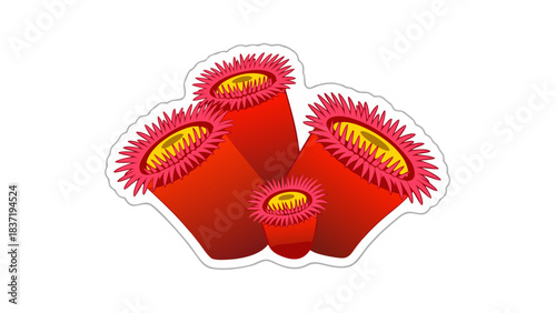 Vibrant Red Coral Polyps with Yellow Centers and Pink Tentacles Isolated on Black Background Vector Illustration
