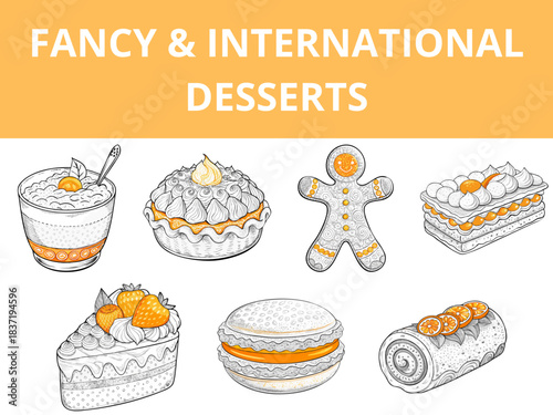 International desserts in various styles with cream and fruits  