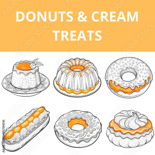 Assorted donuts and cream treats in hand-drawn style with orange  