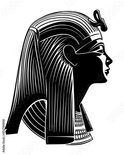 Stunning black and white profile of Egyptian queen or goddess in majestic headdress