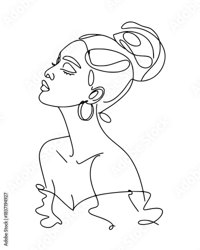 Elegant continuous line art portrait of serene woman with stylish updo and hoop earrings