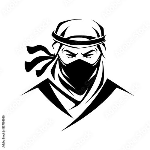 Intense black and white stylized warrior mask logo design representing stealth and power