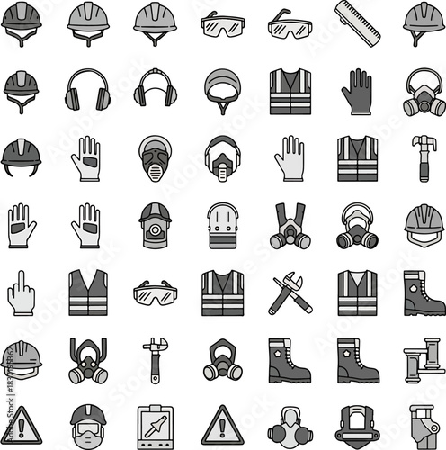 Set of safety equipment icons representing personal protective gear for construction and industrial work environments