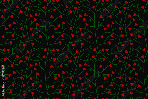 A seamless floral pattern with red hearts. Glowing love concept. Valentine's background.