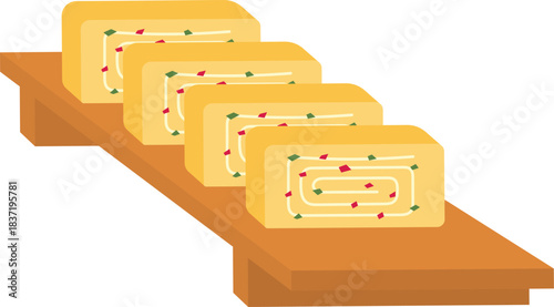 Japanese Rolled Omelette with on Long Wooden Board Flat Illustration. Tamagoyaki Clean Icon Design Element on Isolated White Background