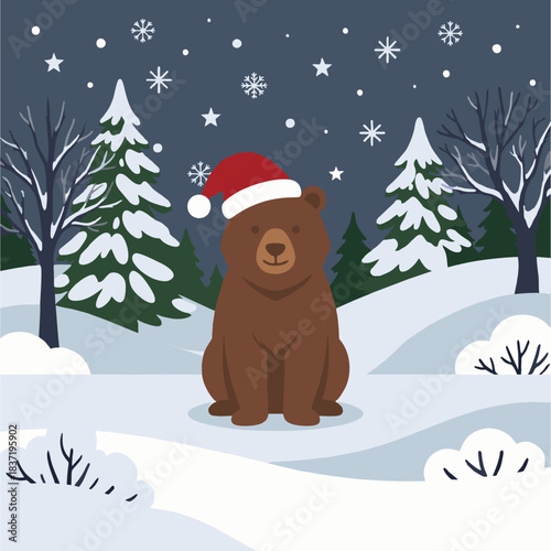 Cute Brown Bear Cartoon Character Wearing Santa Hat Sitting in Winter Snow Forest Landscape.