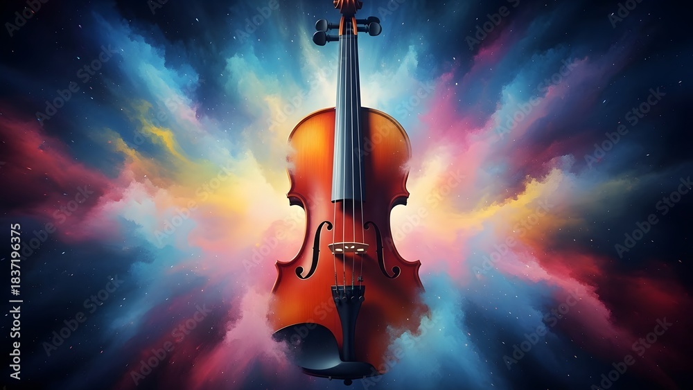 Obraz premium Violin floating in vibrant colorful nebula with stars musical instrument classical music