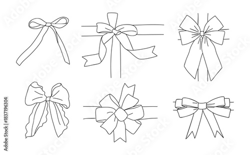 Minimalist black and white line drawing featuring set decorative bows. Each bow is uniquely styledranging from simple flowing loops to precise pleated forms. Vector illustration isolated