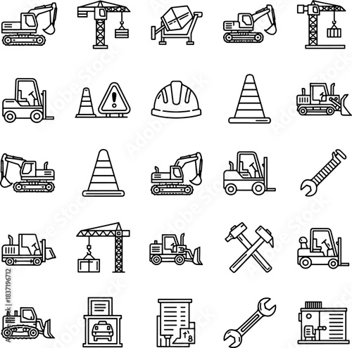 Construction industry icons set excavators cranes concrete mixers forklifts and tools vector illustrations