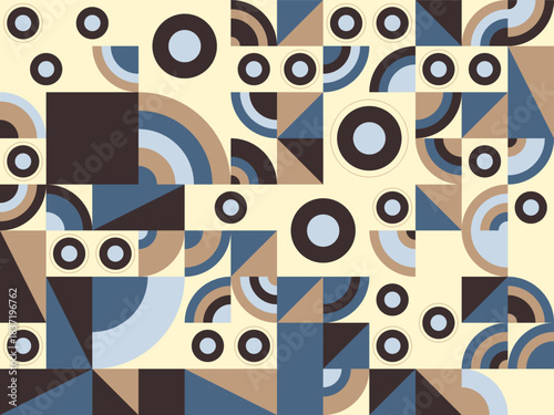 Geometric shapes in a vibrant abstract composition featuring circles, squares, and triangles in various shades of blue, brown, and beige