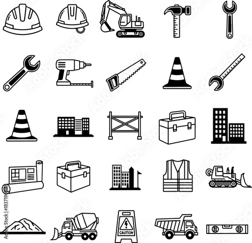 Construction equipment and tools vector icons set, including safety helmet, excavator, tools, and building elements.