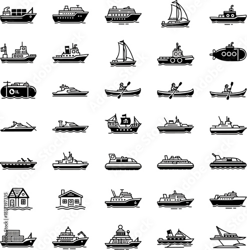 Collection of Various Water Vehicles and Boats Icons Set Vector Illustration Simple Graphic Elements Isolated on White