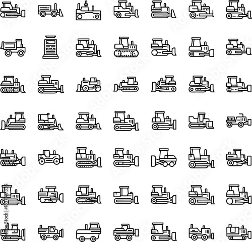Collection of Vector Icons Depicting Various Types of Construction Bulldozers and Earthmovers Machinery Equipment