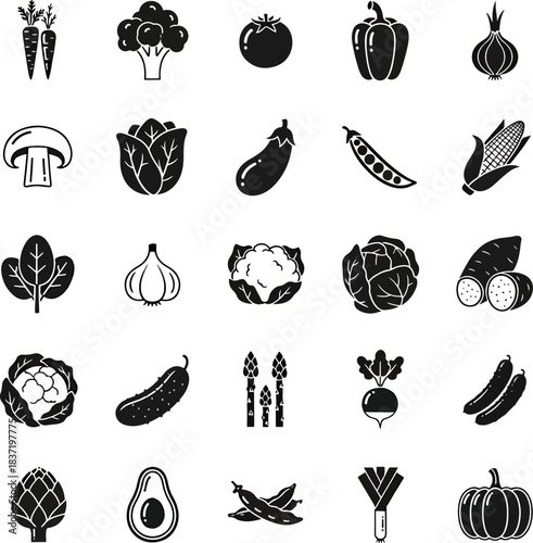 Collection of Fresh Vegetables Icons Set, Featuring Carrots Broccoli Tomato Bell Pepper Onion Mushroom Cabbage Eggplant Peas Corn