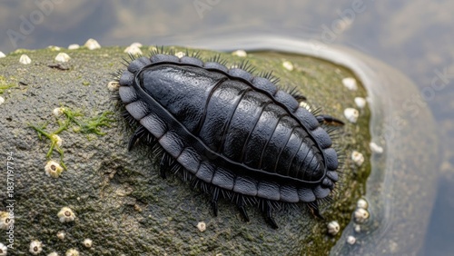 A black, segmented, aquatic creature with spiky appendages on a rocky surface in a natural setting.
