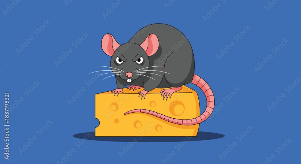 Obraz premium Angry gray cartoon rat with a menacing expression stands possessively on a large wedge of yellow Swiss cheese on a blue background.