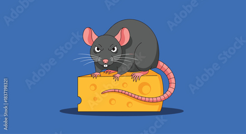 Angry gray cartoon rat with a menacing expression stands possessively on a large wedge of yellow Swiss cheese on a blue background.