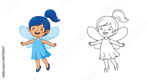 Cheerful cartoon fairy girl with blue hair and wings flying happily, presented with a full-color and line art coloring page version.