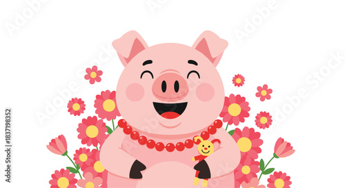 Cheerful cartoon pig character wearing a red bead necklace and holding a doll, smiling happily while surrounded by pink flowers.