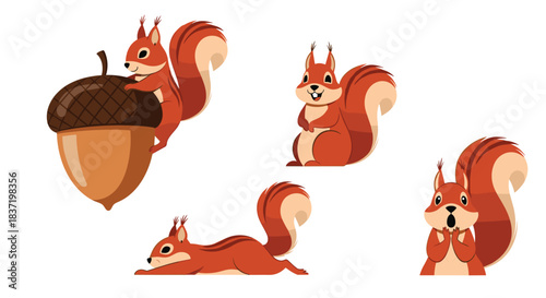 Collection of cute cartoon red squirrels in various poses, including climbing a large acorn, looking surprised, and relaxing.